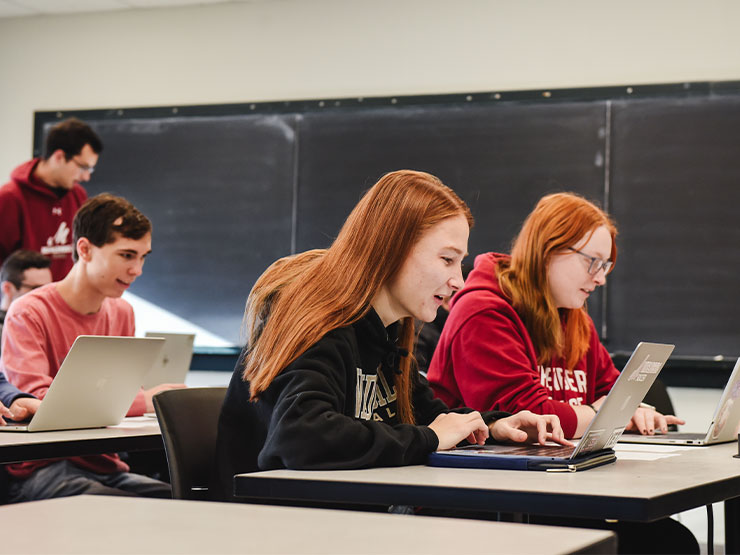 College students work on laptops at desks in a classroom.