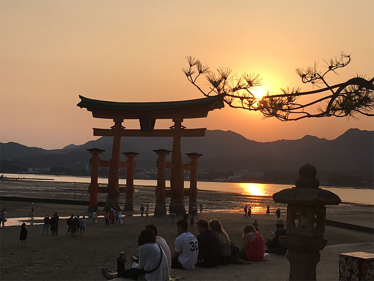 Students sit on a beach in view of a large Japanese torii gate at sunset.