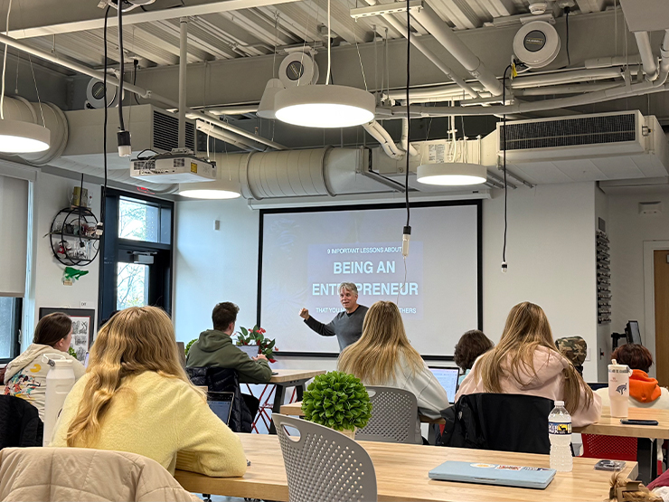 Students watch a presentation in the Muhlenberg Makerspace.