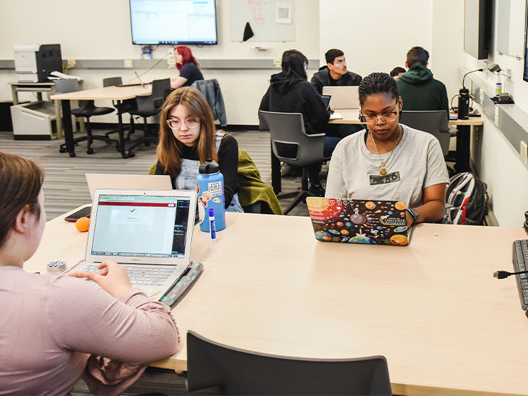 College students seated at large group desks work on the laptops in front of them.