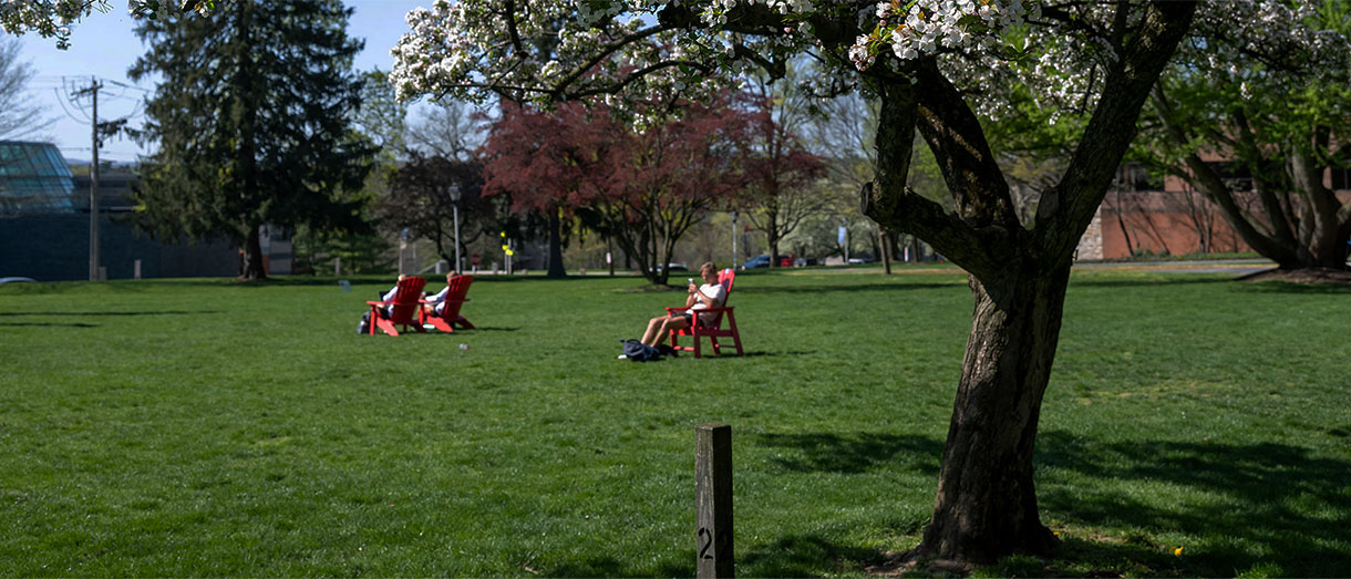 Students read in red Adirondack chairs under blossoming trees on the campus of Muhlenberg College.