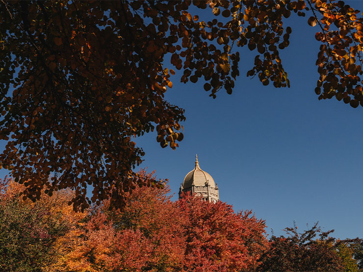 In the distance, the Haas College Centre clocktower stands against a blue sky with fall-colored foliage in the foreground.