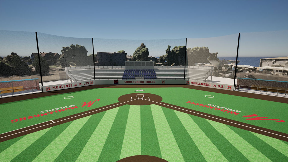 A 3D rendering of a baseball field from the perspective of the outfield looking toward homeplate.