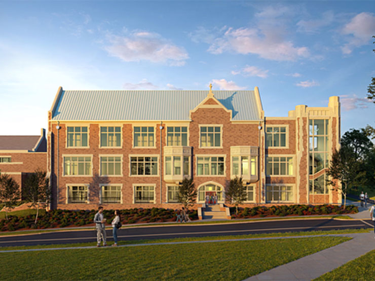 An artists rendering of a redesigned student union building on a college campus.