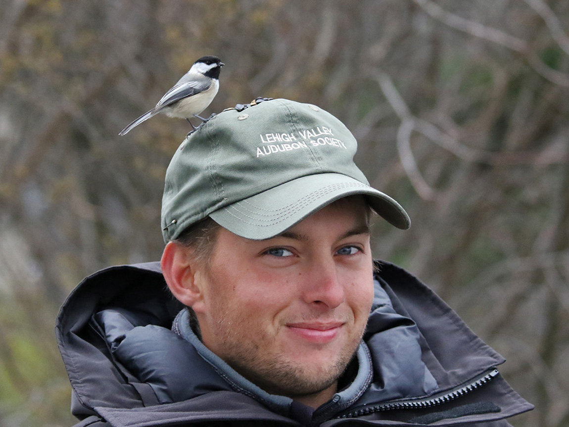 A young person in a baseball cap with a bird eating seed off the top of the cap