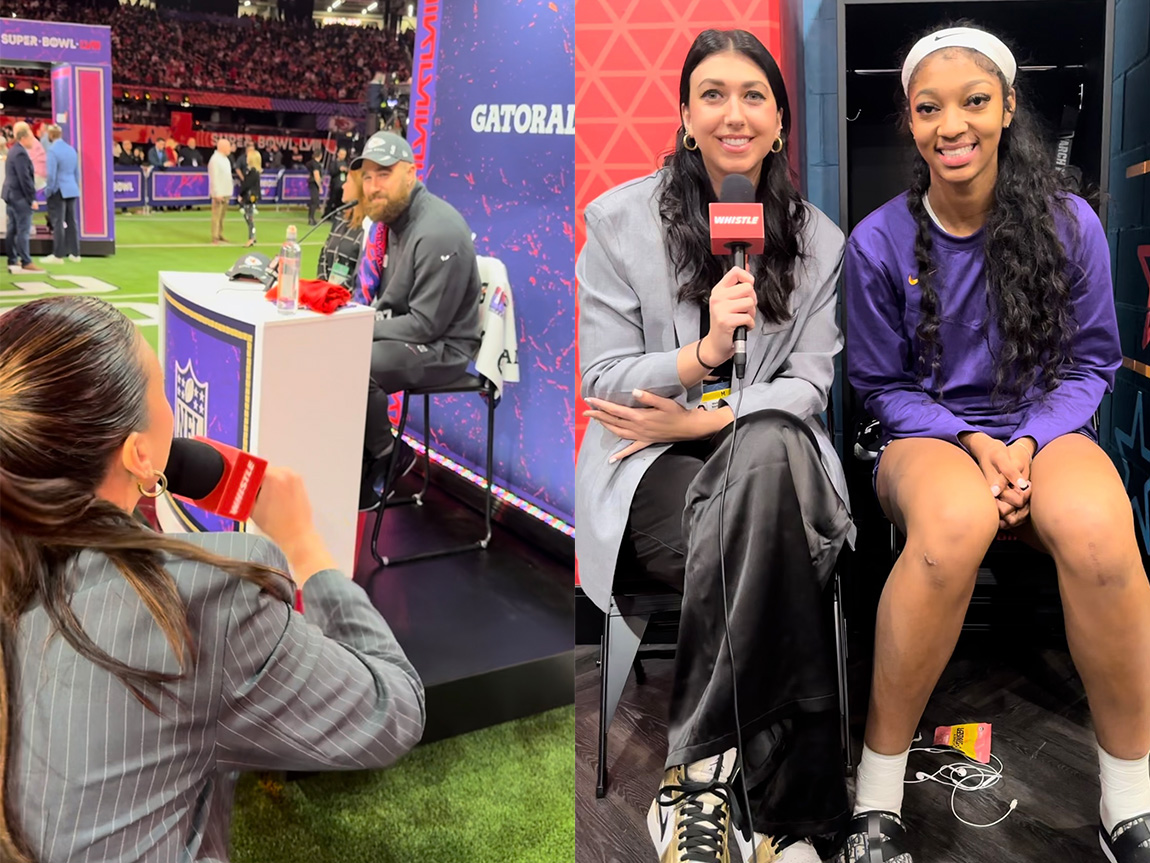 Two photos of the same young adult, one with a microphone interviewing a football player and the other smiling with a women's basketball player