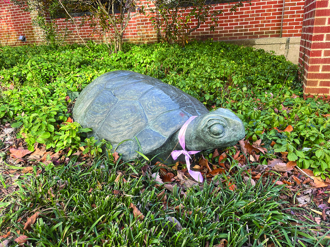 A statue of a bog turtle with a pink ribbon tied around its neck sitting in some greenery