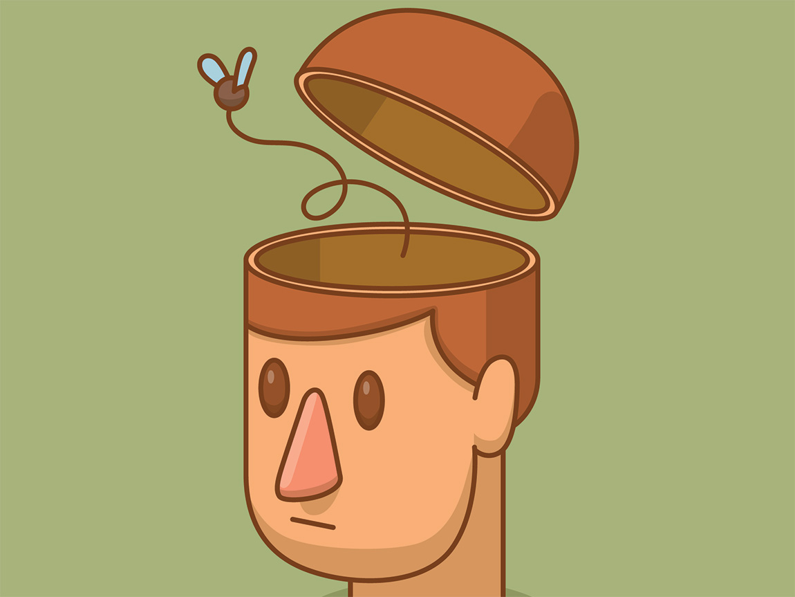 An illustration of a man's head, with the top off and a fly buzzing out of it