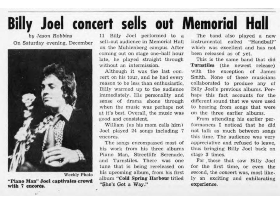 A scan of an old newspaper with the headline Billy Joel Sells Out Memorial Hall